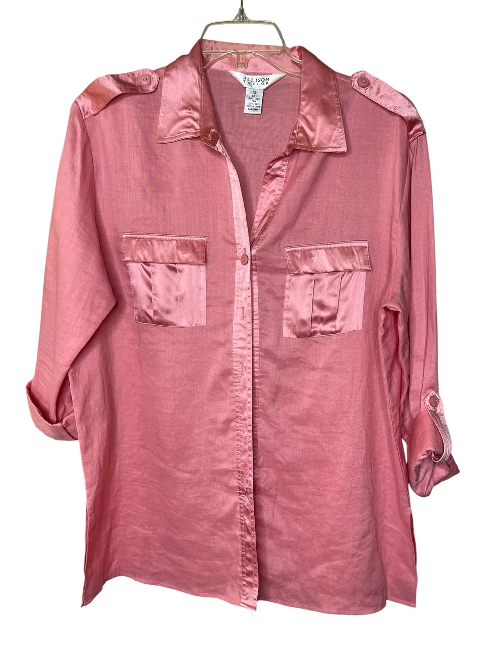Allison Taylor Rose Pink Satin-Trim Button Down Shirt Sz XL